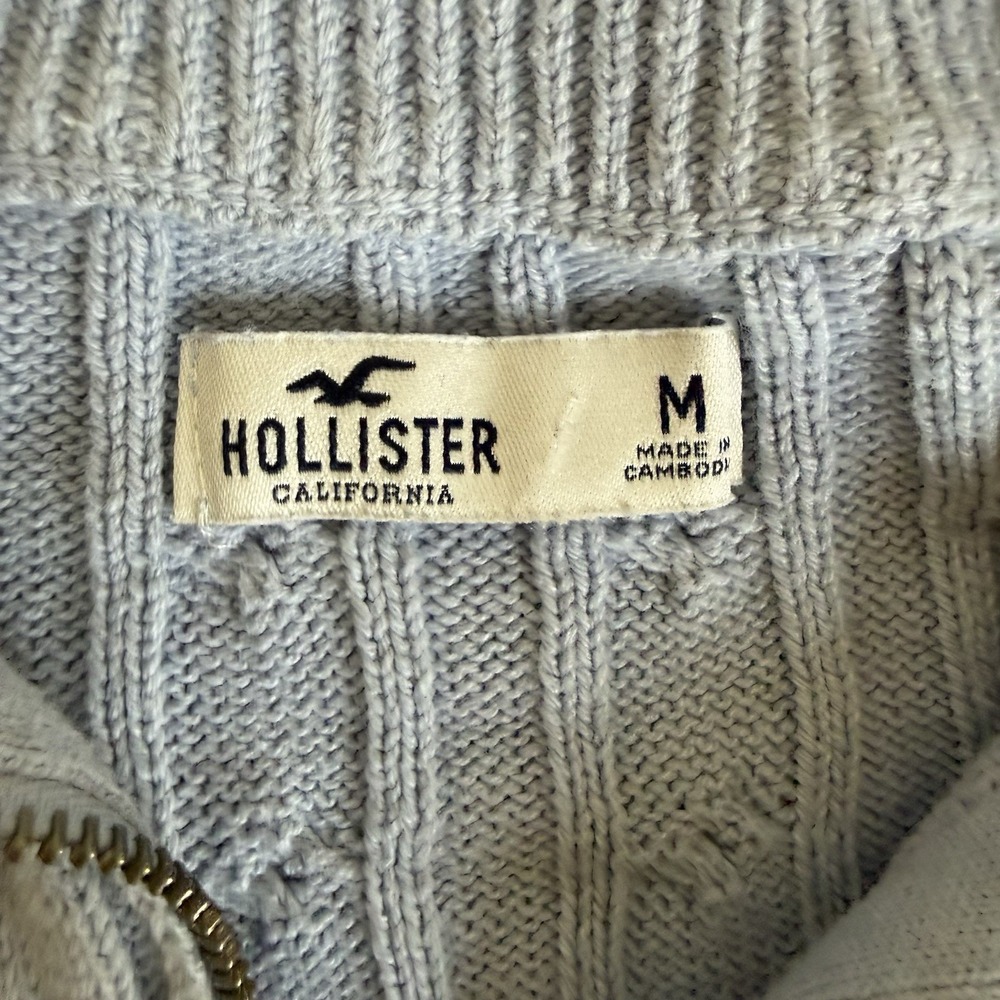 Hollister Womens Medium Blue White Stripe 1/4 Zip Cable Knit Long Sleeve Sweater - Picture 4 of 7